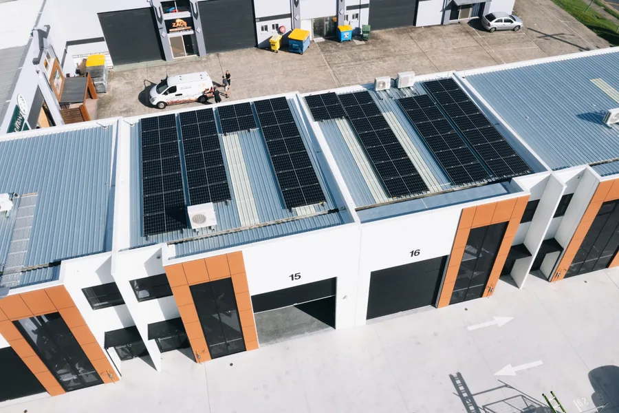 Commercial rooftop solar installation on an industrial building on the Gold Coast